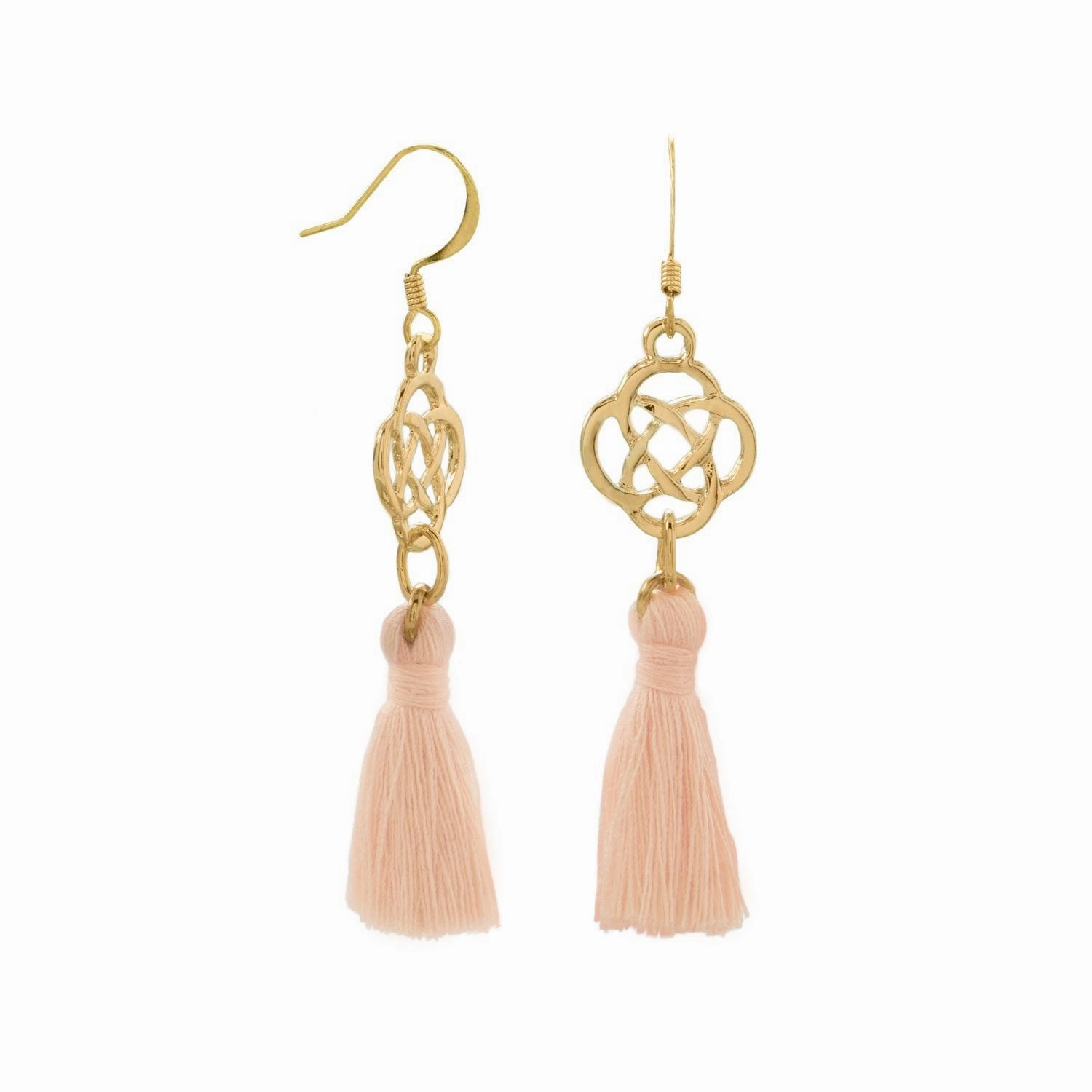 Peach Tassel Earrings with Celtic Knot Design Gold Tone Graceful Twist
