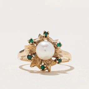Pearl & Simulant Emerald Doublet Cocktail Ring | 0.12ctw | SZ 8.25 Vibrant Craft Fashionable Look