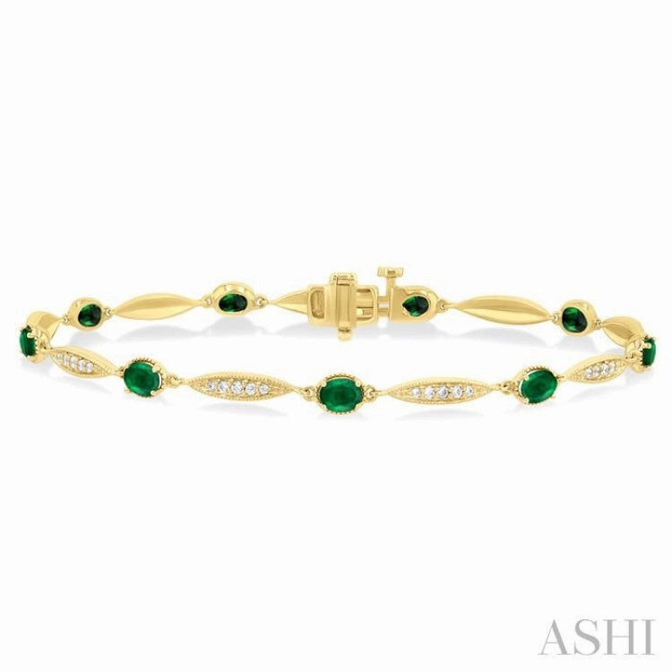 Sneak Peek Meaningful Blends 4X3 MM Oval Cut Emerald and 1/4 ctw Round Cut Diamond Precious Bracelet in 10K Yellow Gold