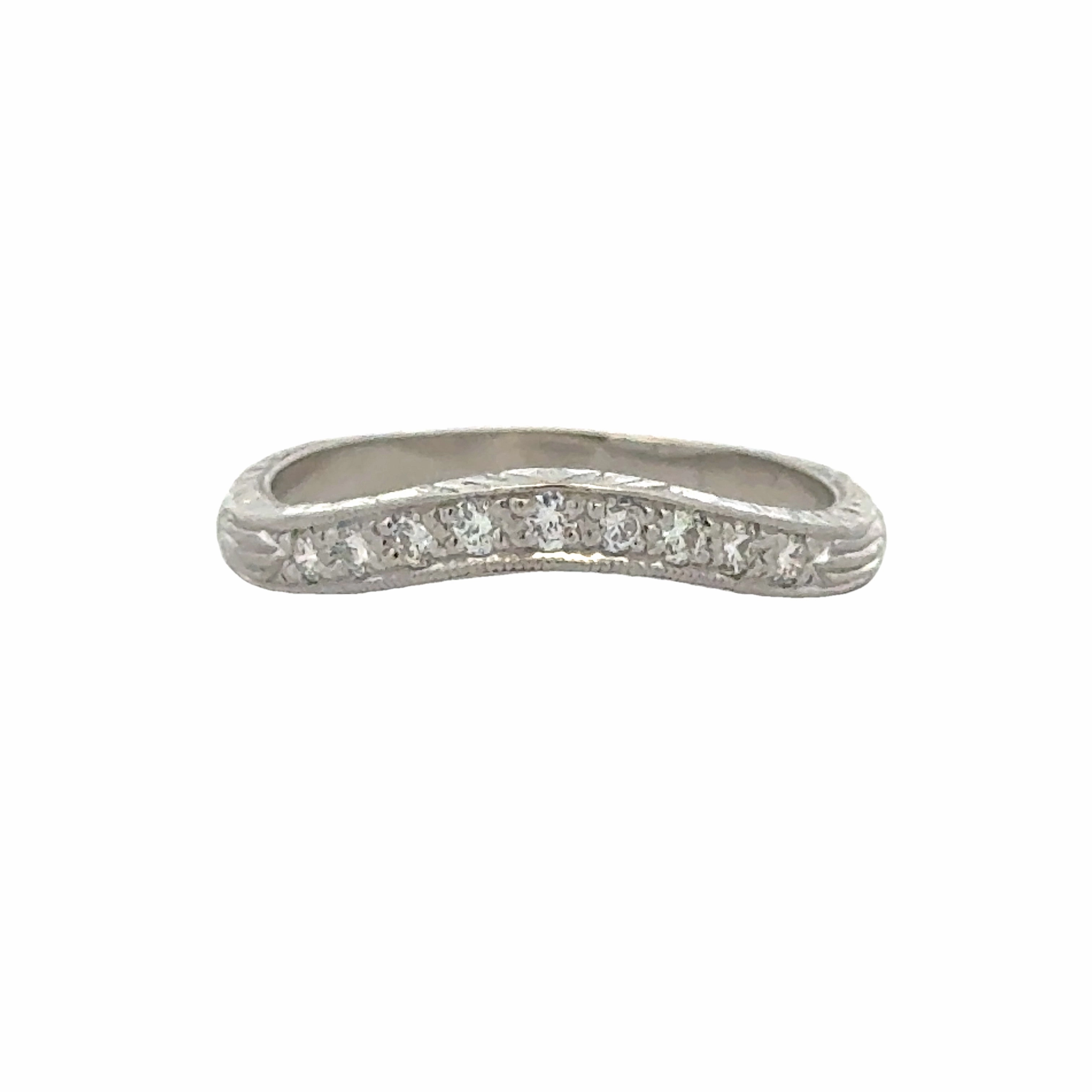 Vibrant Accent Unique Emblem Platinum Art Deco Motif Diamond Curved Wedding Band