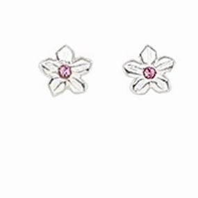 Flower Stud Earrings with Pink Crystal Sterling Silver Elegant Pair