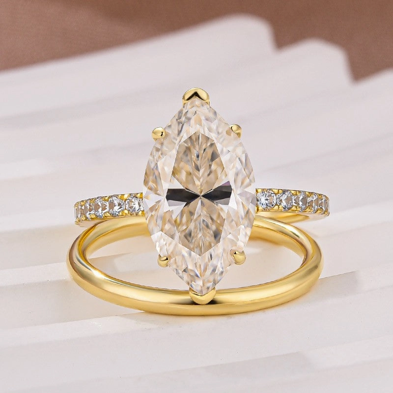 4.0Ct Marquise Cut Yellow Gold Moissanite Diamond Wedding Ring Set Layered Edge Perfect Match