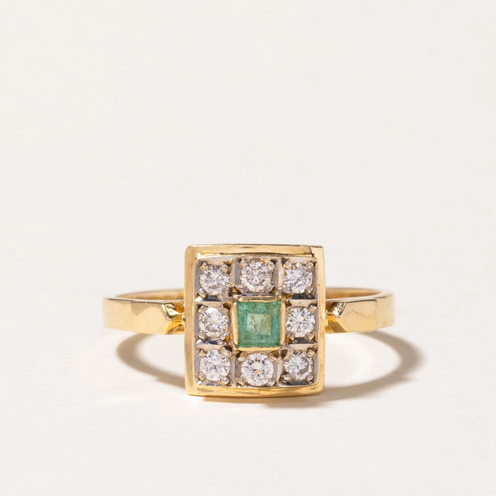 Street Accent 18K Yellow Gold Emerald & Diamond Grid Ring | 0.09ct, 0.16ctw | SZ 7