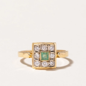 Street Accent 18K Yellow Gold Emerald & Diamond Grid Ring | 0.09ct, 0.16ctw | SZ 7
