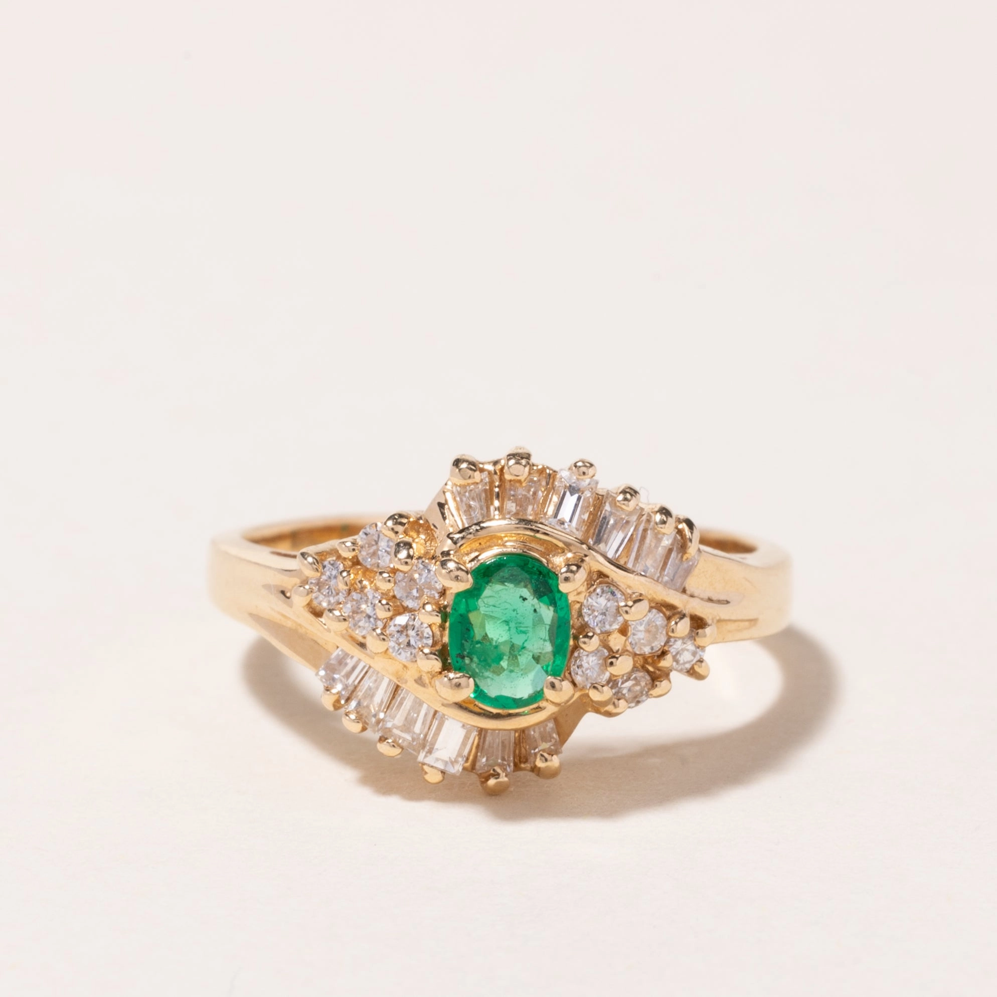 Shining Edge 14K Yellow Gold Emerald & Diamond Cocktail Ring | 0.16ct, 0.54ctw | SZ 6.5