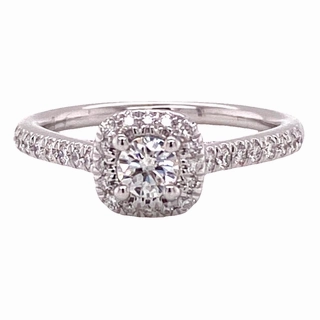 14 Karat White Gold Halo Engagement Ring with Diamonds throughout Shank 0.59cttw Bold Statement
