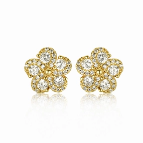 Gold Plated 10mm Surgical Steel 5 Petal Colorful CZ Flower Stud Earrings Soft Contrast Glistening Gem