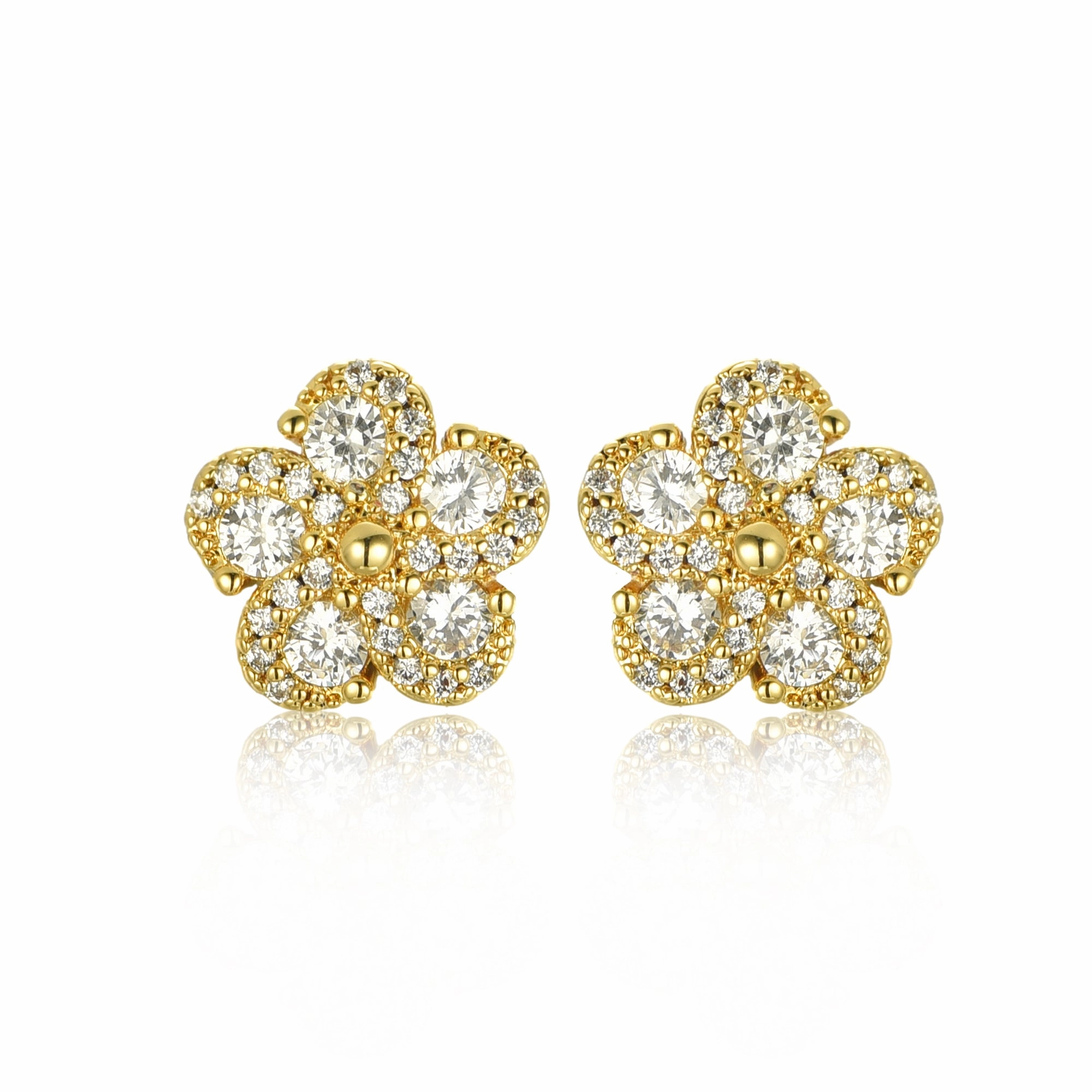 Gold Plated 10mm Surgical Steel 5 Petal Colorful CZ Flower Stud Earrings Soft Contrast Glistening Gem