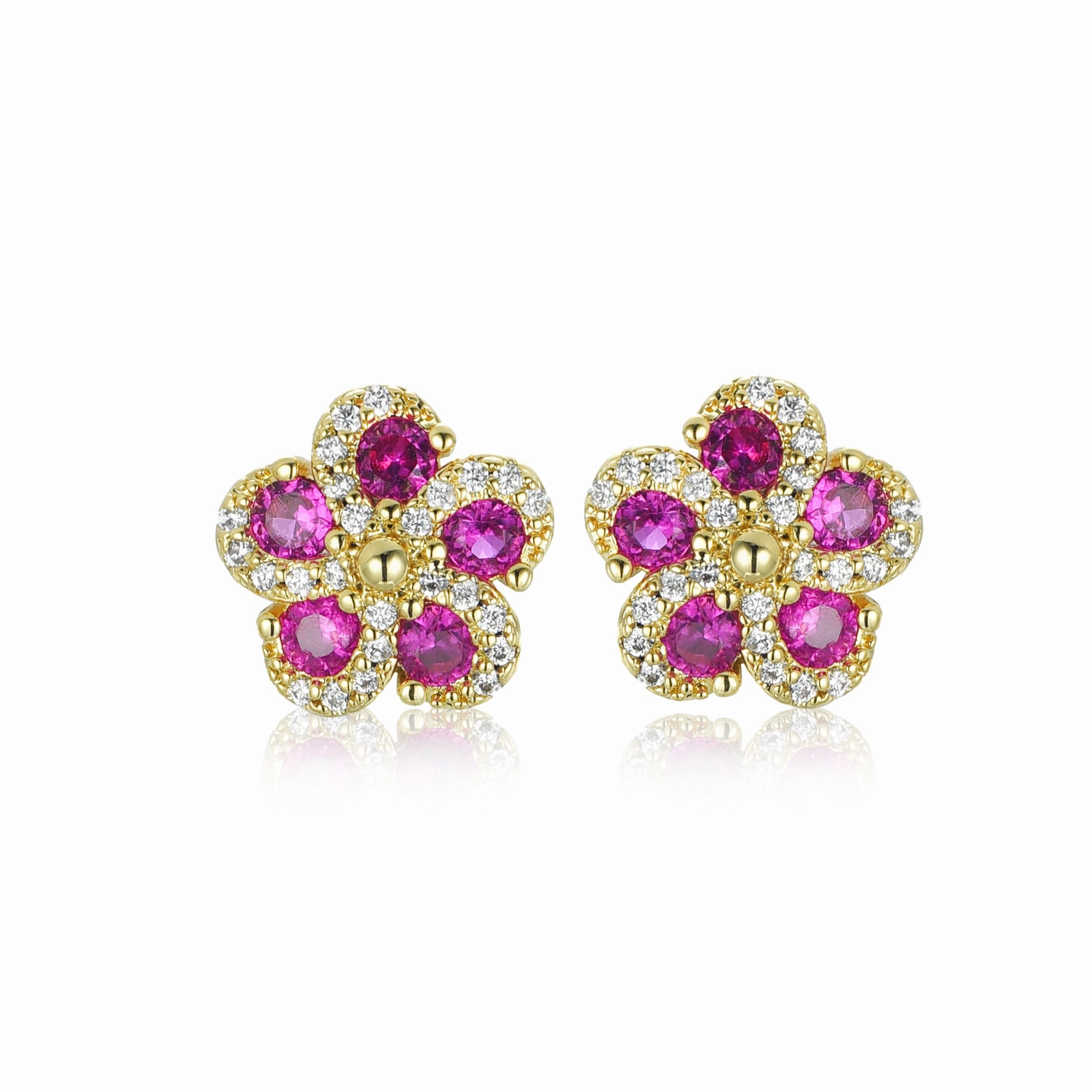 Gold Plated 10mm Surgical Steel 5 Petal Colorful CZ Flower Stud Earrings Elegant Pop