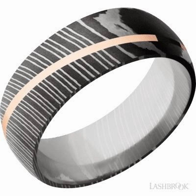 Damascus Steel Wide Wedding Band With 14K Rose Gold Strip Physical Product Custom Art