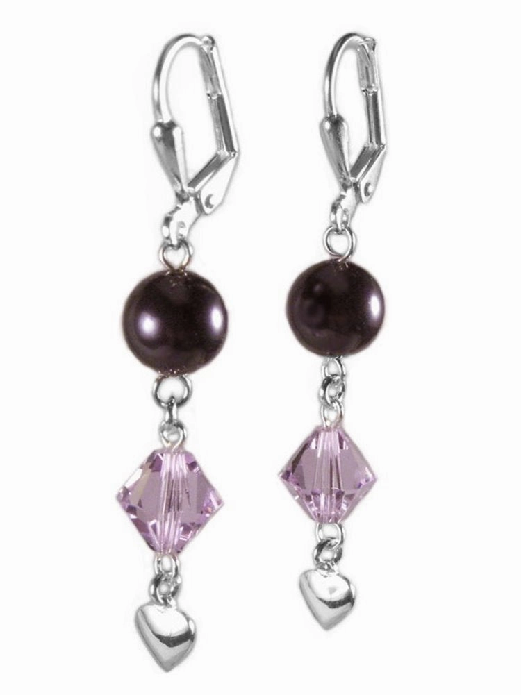 Purple Drop Earrings Made with Swarovski(R) Crystals and Pearls Heart Charm Drop Vintage feel Glistening Sparkle
