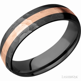 Elegant Art Graceful Form Black Zirconium Hammered Band 14K Rose Gold Inlay 6mm