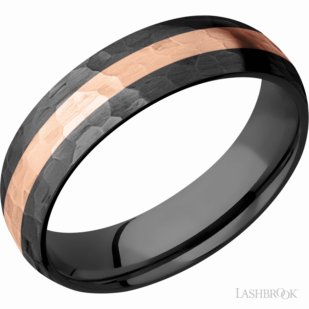 Pearlescent Finish Gift Ready Black Zirconium Hammered Band 14K Rose Gold Inlay 6mm