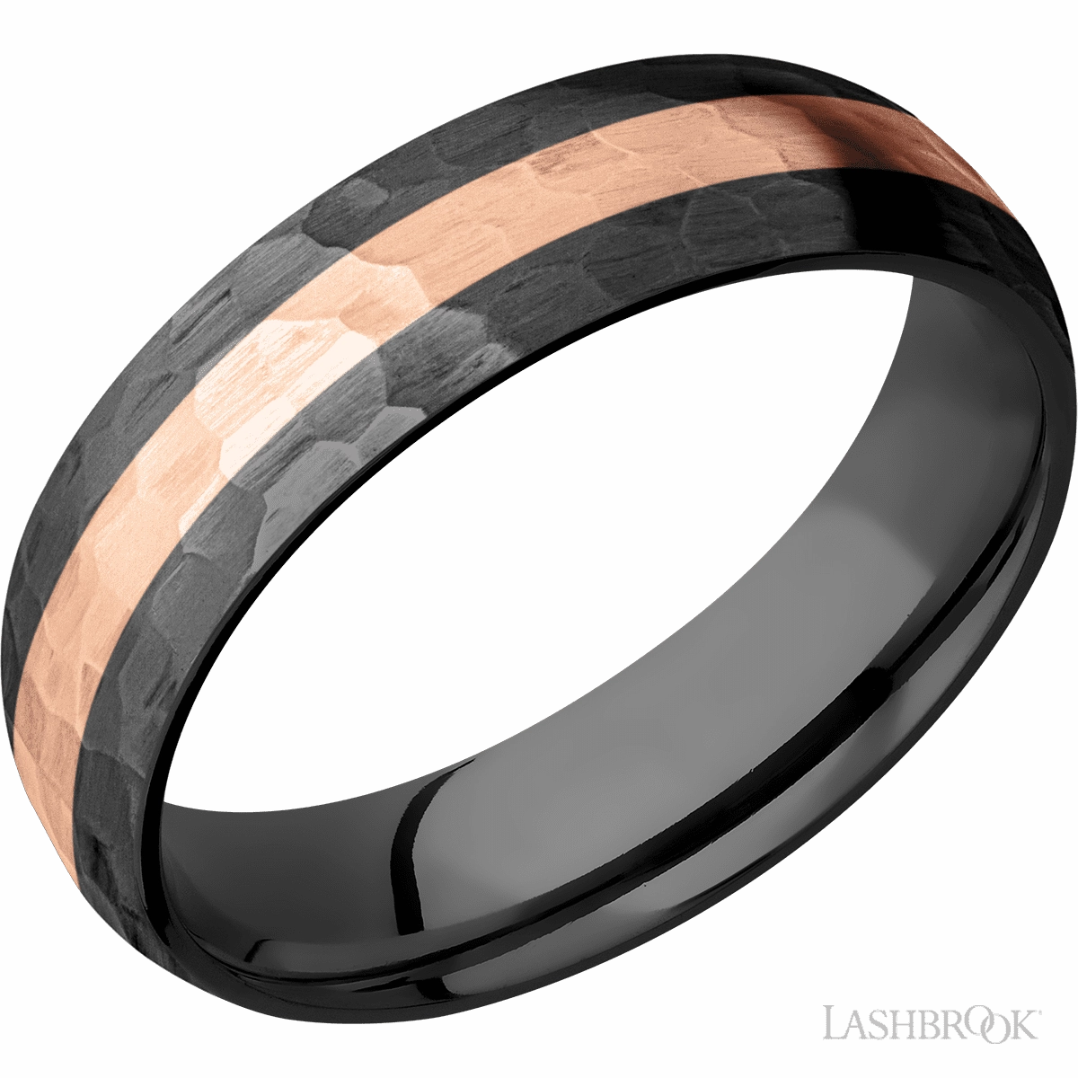 Black Zirconium Hammered Band 14K Rose Gold Inlay 6mm Graceful Contour Strong Statement