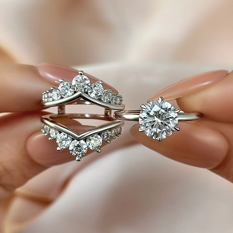 Louily Unique Crown Design Round Cut Insert Wedding Ring Set Holiday Style Formal Highlight