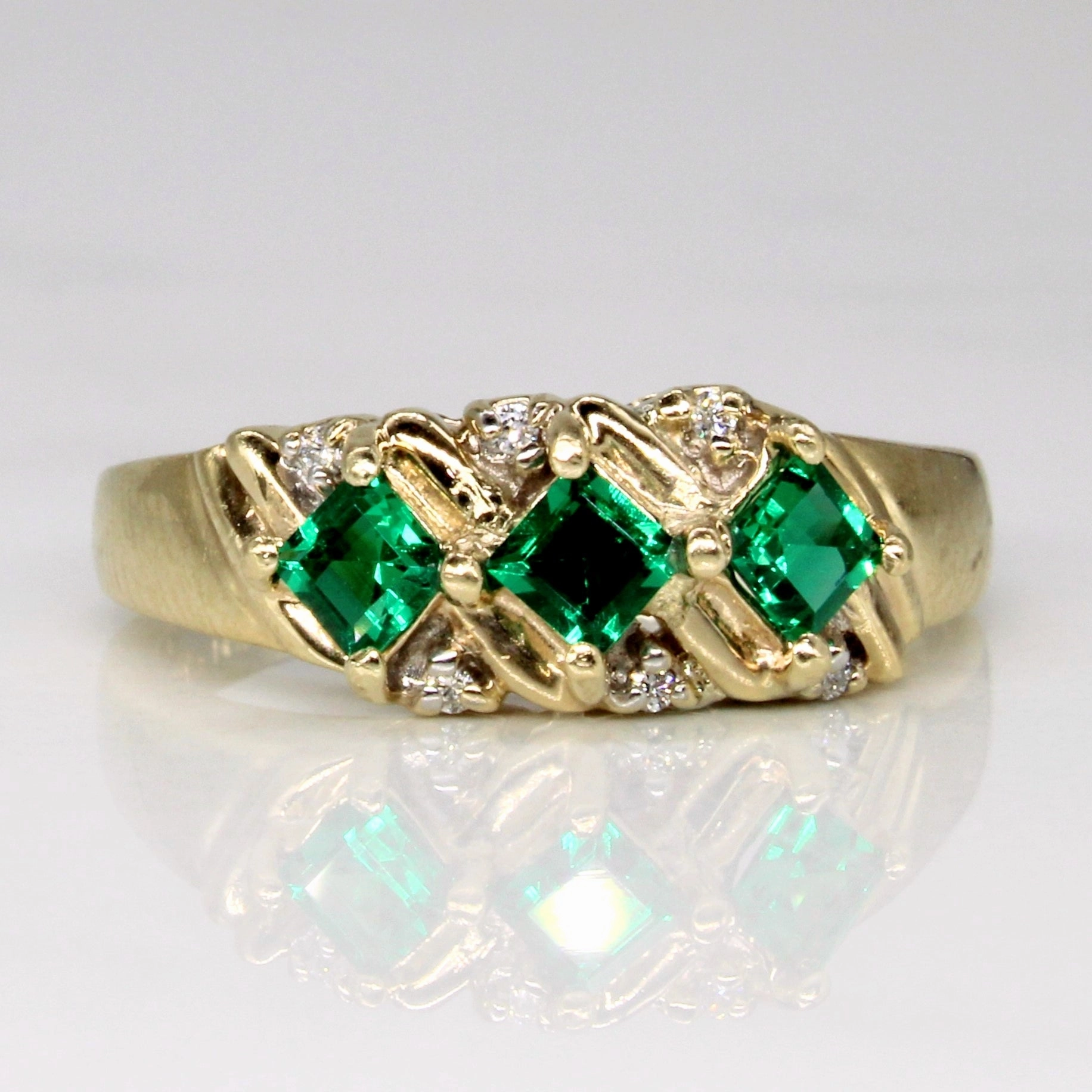 Synthetic Emerald & Natural Diamond Ring | 0.39ctw, 0.03ctw | SZ 6.75 | Graceful Layer