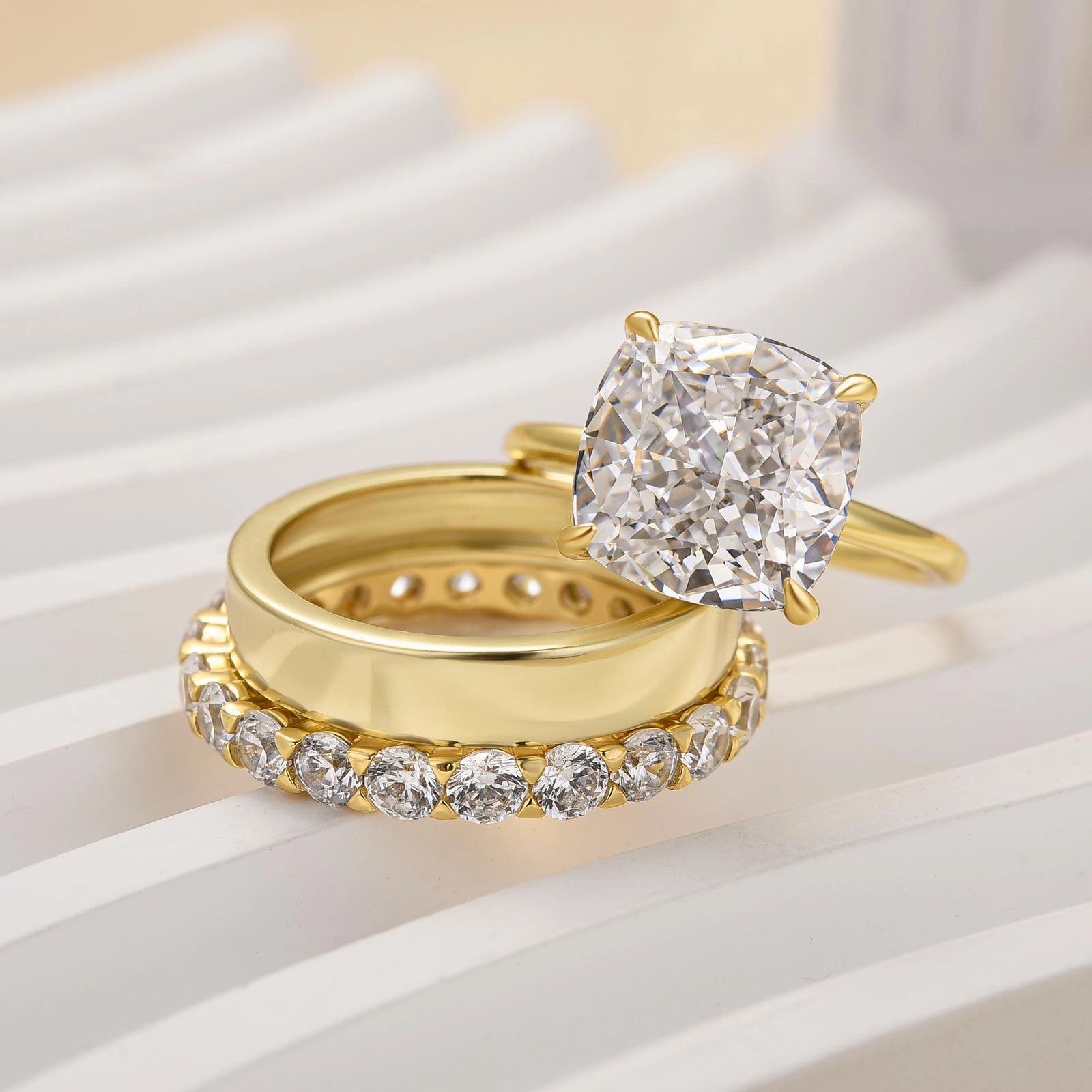 Sparkling Shine Louily 3PC Yellow Gold 5.0 Carat Cushion Cut Women's Wedding Ring Set With Wide Wedding Band