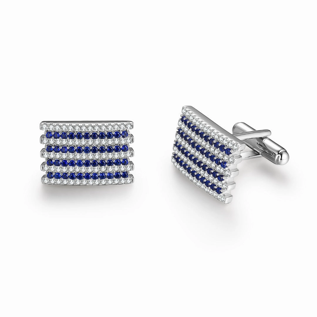 Rectangular Clear and Sapphire CZ Striped Four Row Cufflinks Night Appeal Evening Mood