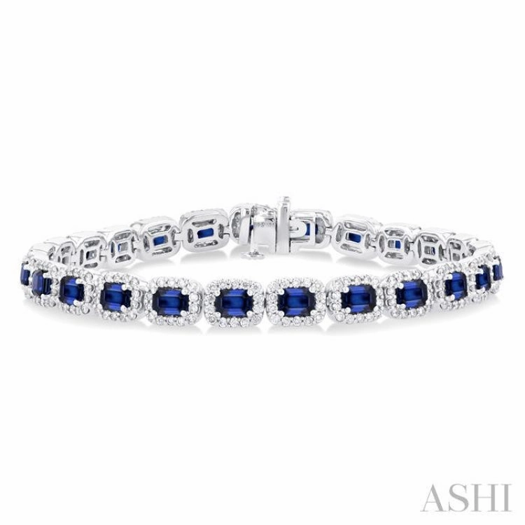Latest Creation Unrivaled Value 4X3 MM Emerald Cut Sapphire and 2 1/5 Ctw Round Cut Diamond Halo Precious Bracelet in 14K White Gold