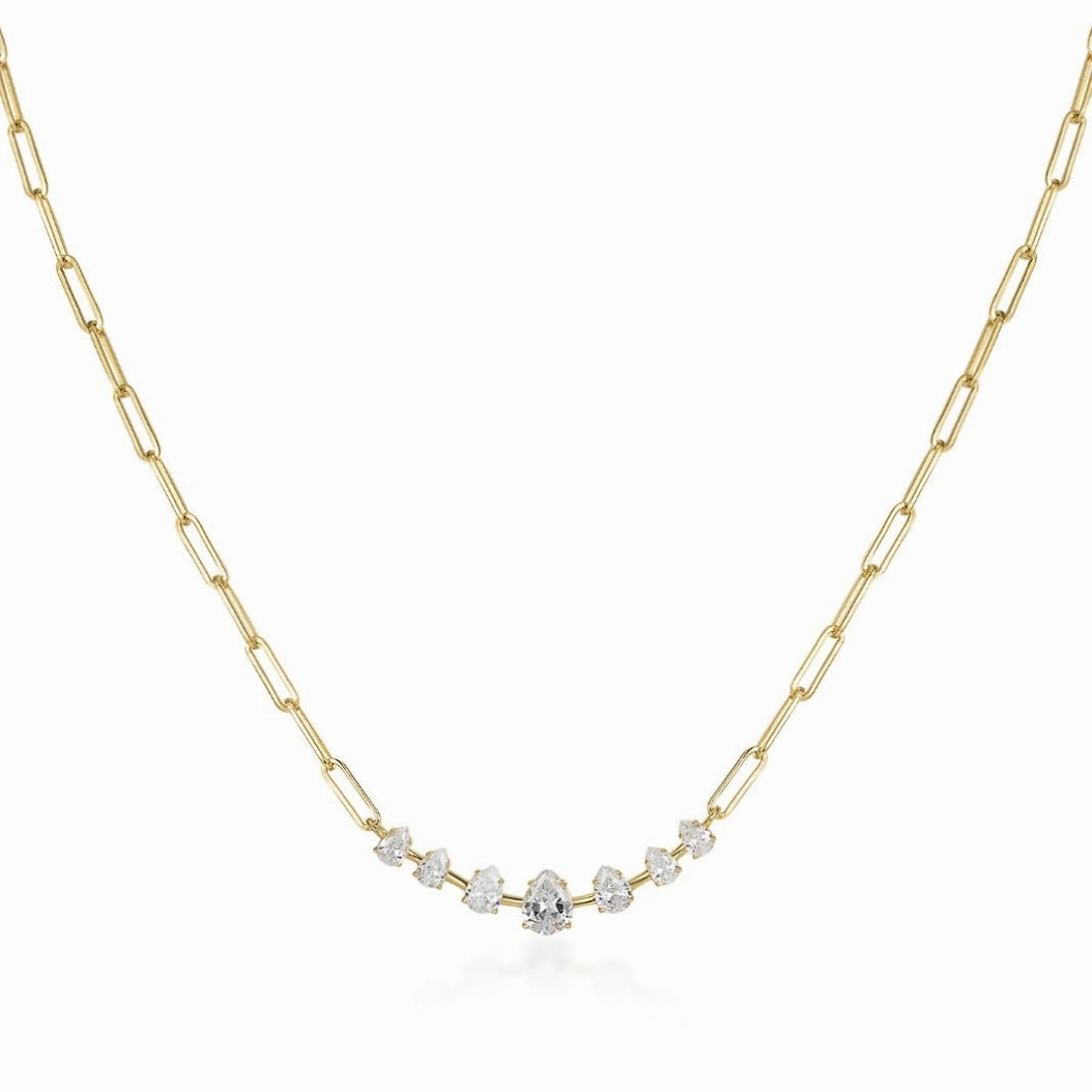 Sterling Silver Paperclip Chain with Pear Shaped CZ Necklace Trend Setting Event Look