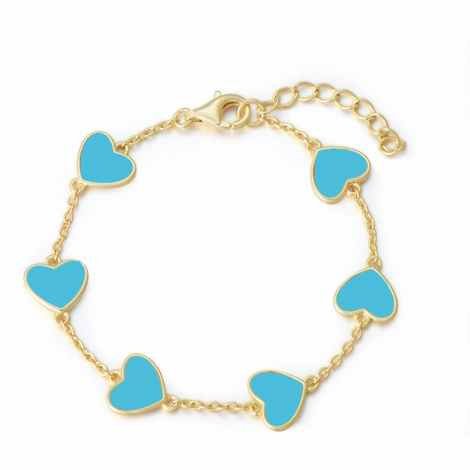 Sophisticated Shine Wedding Style Gold Plated Sterling Silver Blue Enamel Heart Station Bracelet