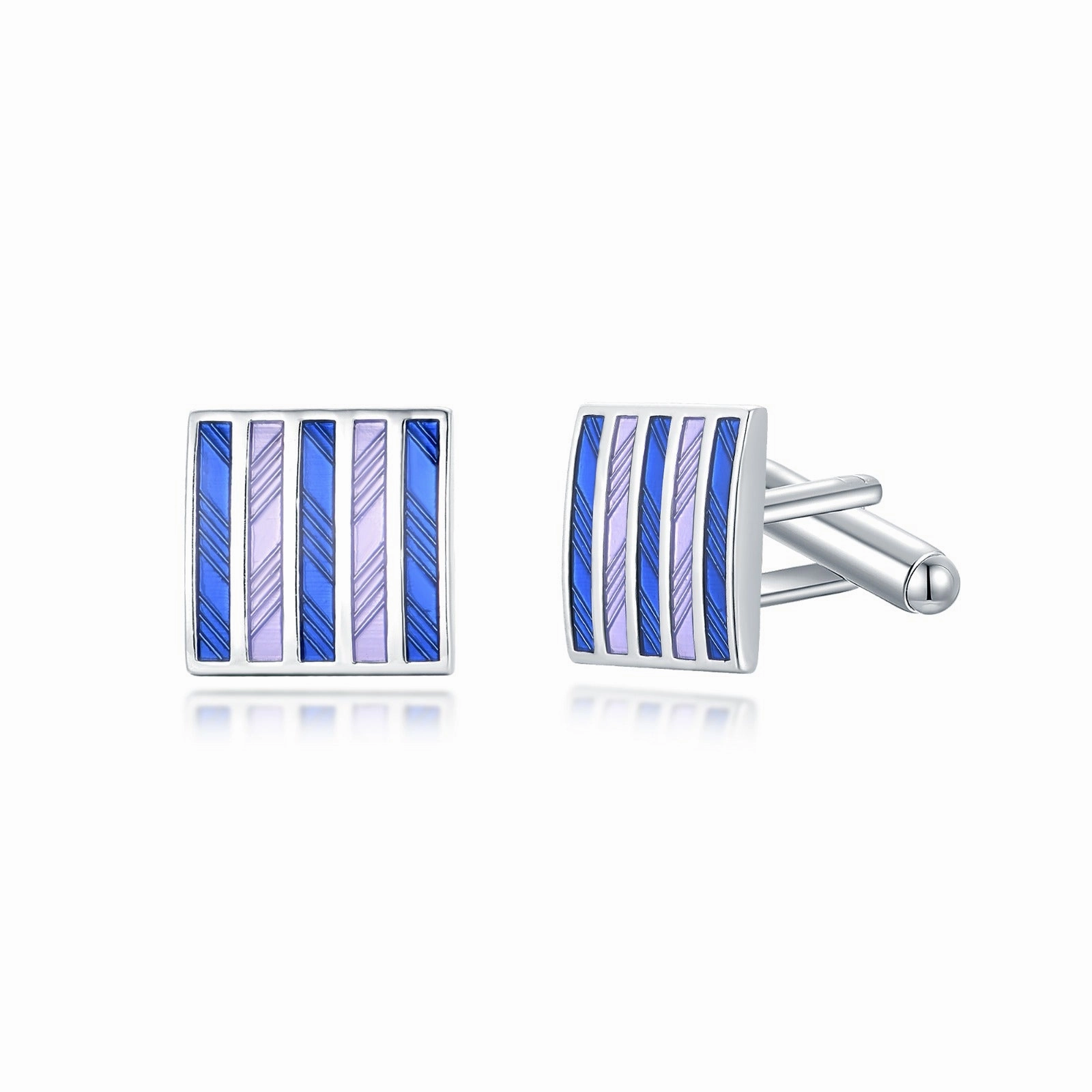 Candid Moment Rhodium Plated Blue Enamel Stripes Rectangle Cufflinks