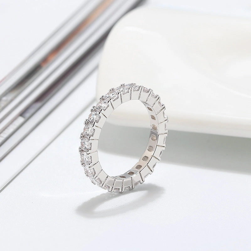 Shining Feature Rhodium Plated Sterling Silver 3mm CZ Eternity Band Ring in Basket Setting