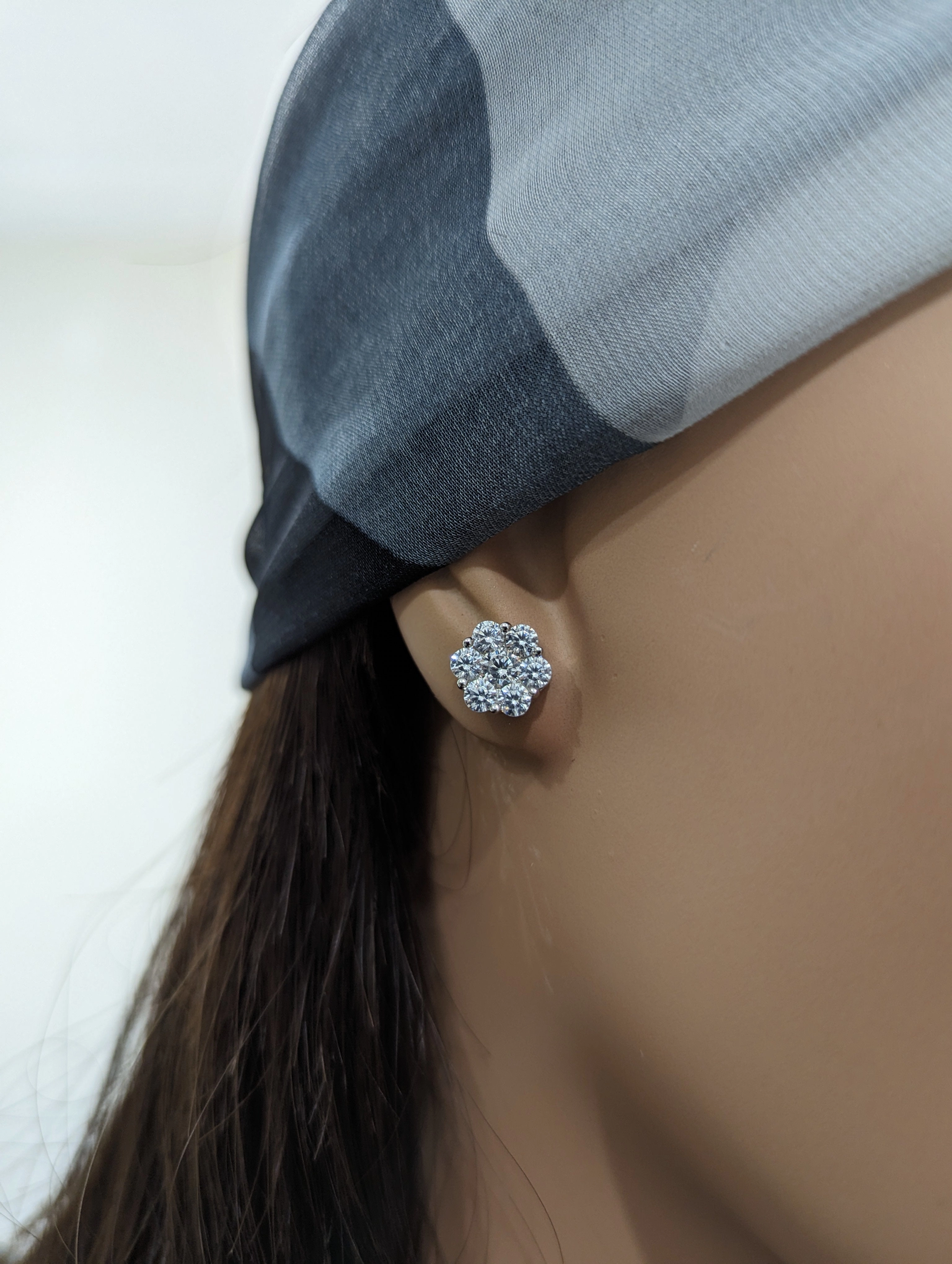 Rhodium Plated Sterling Silver 7 Stone CZ Cluster Stud Earring Timeless Layer