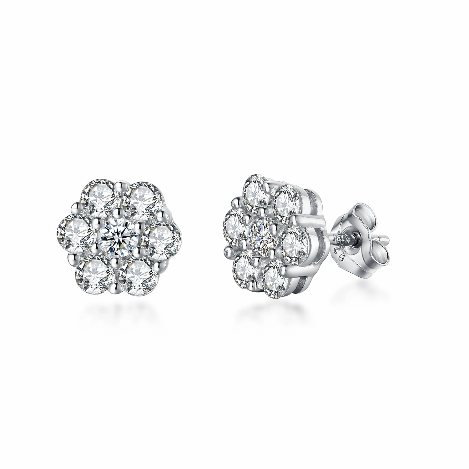 Rhodium Plated Sterling Silver 7 Stone CZ Cluster Stud Earring Fashion Element Seasonal Match