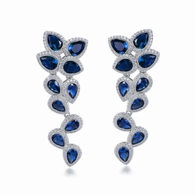 Balanced Detail Rhodium Plated Sterling Silver Large Sapphire CZ Floral Earring