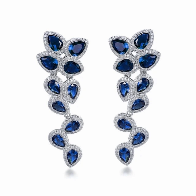 Balanced Detail Rhodium Plated Sterling Silver Large Sapphire CZ Floral Earring