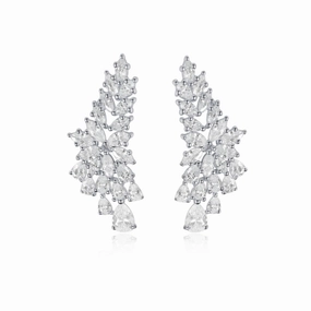 Delicate Craft Rhodium Plated Sterling Silver Long Floral Stud Earrings