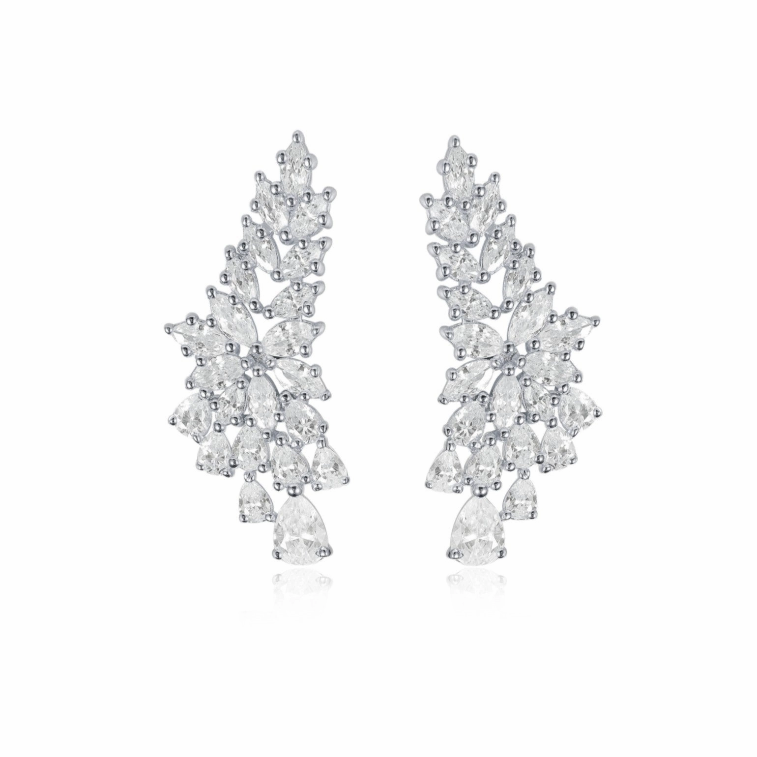 Delicate Craft Rhodium Plated Sterling Silver Long Floral Stud Earrings