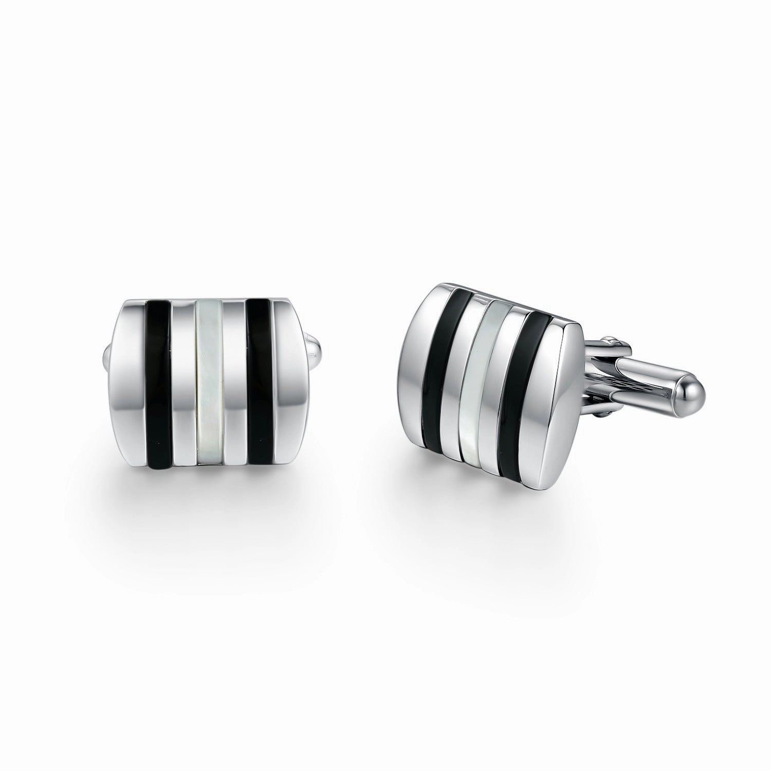 Rhodium Plated Sterling Silver Mother of Pearl/Black Onyx and Striped Cufflinks Glam Edge Youthful Twist