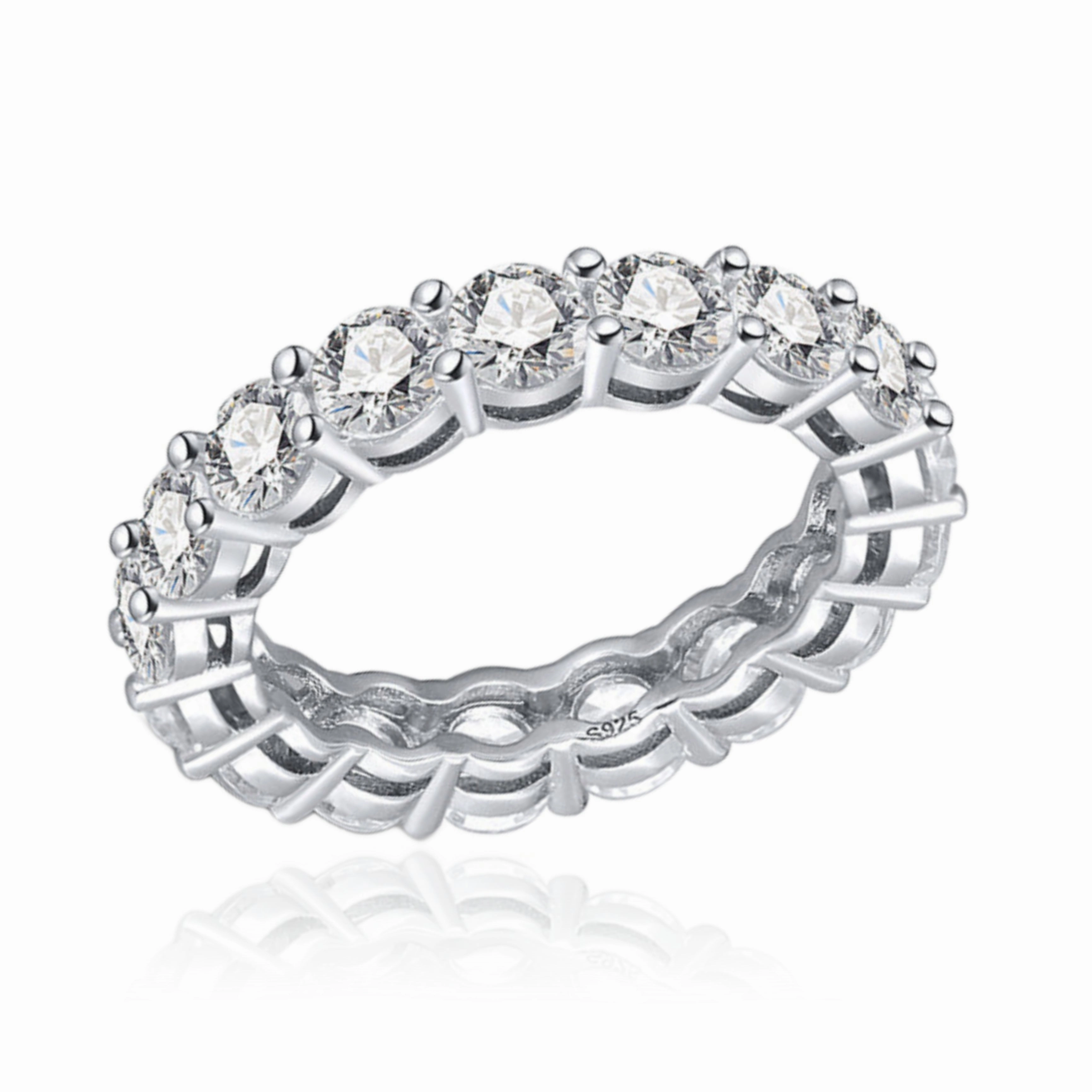 Urban Pop Rhodium Plated Sterling Silver Ring 4mm CZ Eternity Band Ring in Airline Setting
