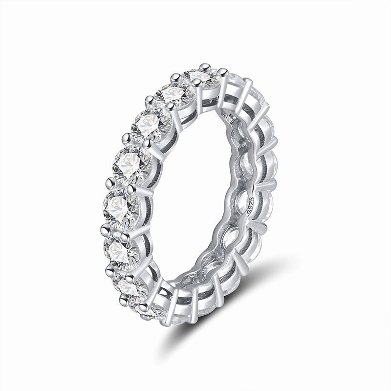 Day Look Rhodium Plated Sterling Silver Ring 4mm CZ Eternity Band Ring in Airline Setting