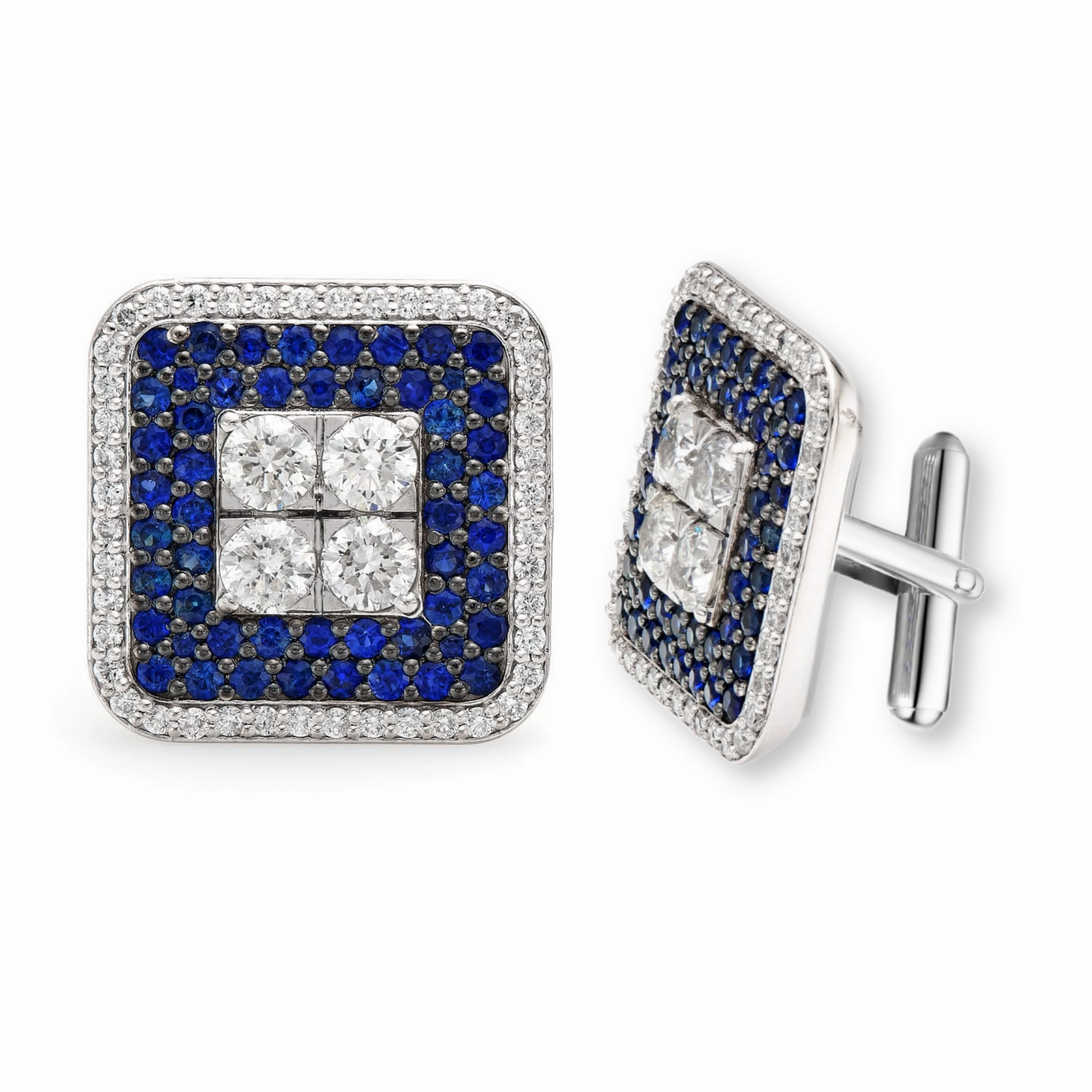 Statement Feature Effortless Elegance Rhodium Plated Sterling Silver Square Sapphire and Clear CZ Cufflinks