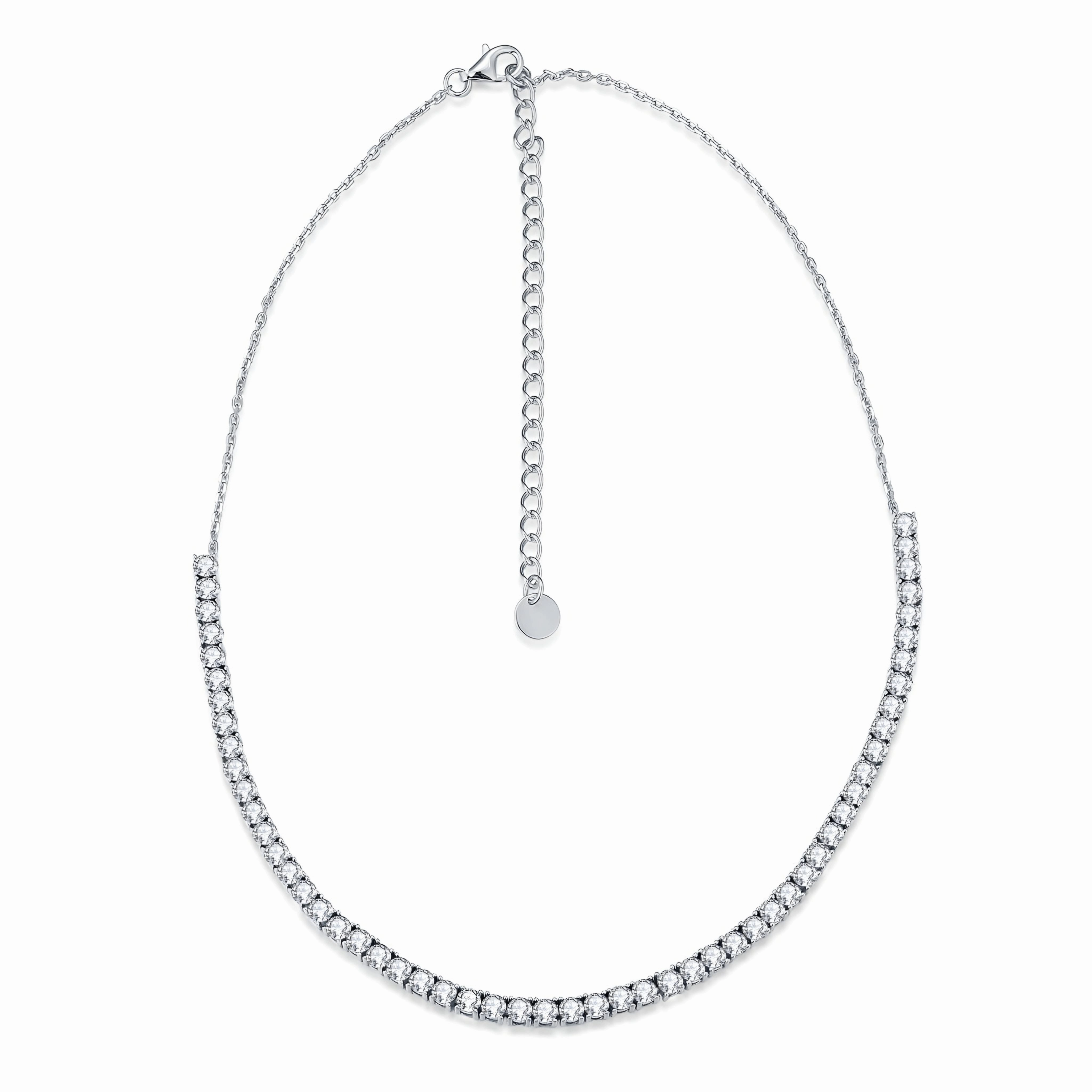 Rhodium Plated Sterling Silver Stone CZ Half Tennis Necklace Elegant Gem