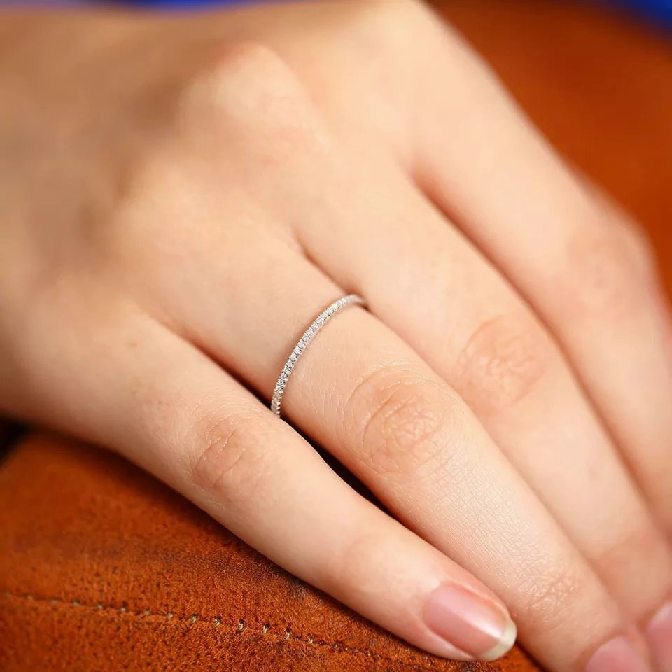 Rhodium Plated Sterling Silver Thin CZ Eternity Band Ring Seasonal Pick Polished Flow