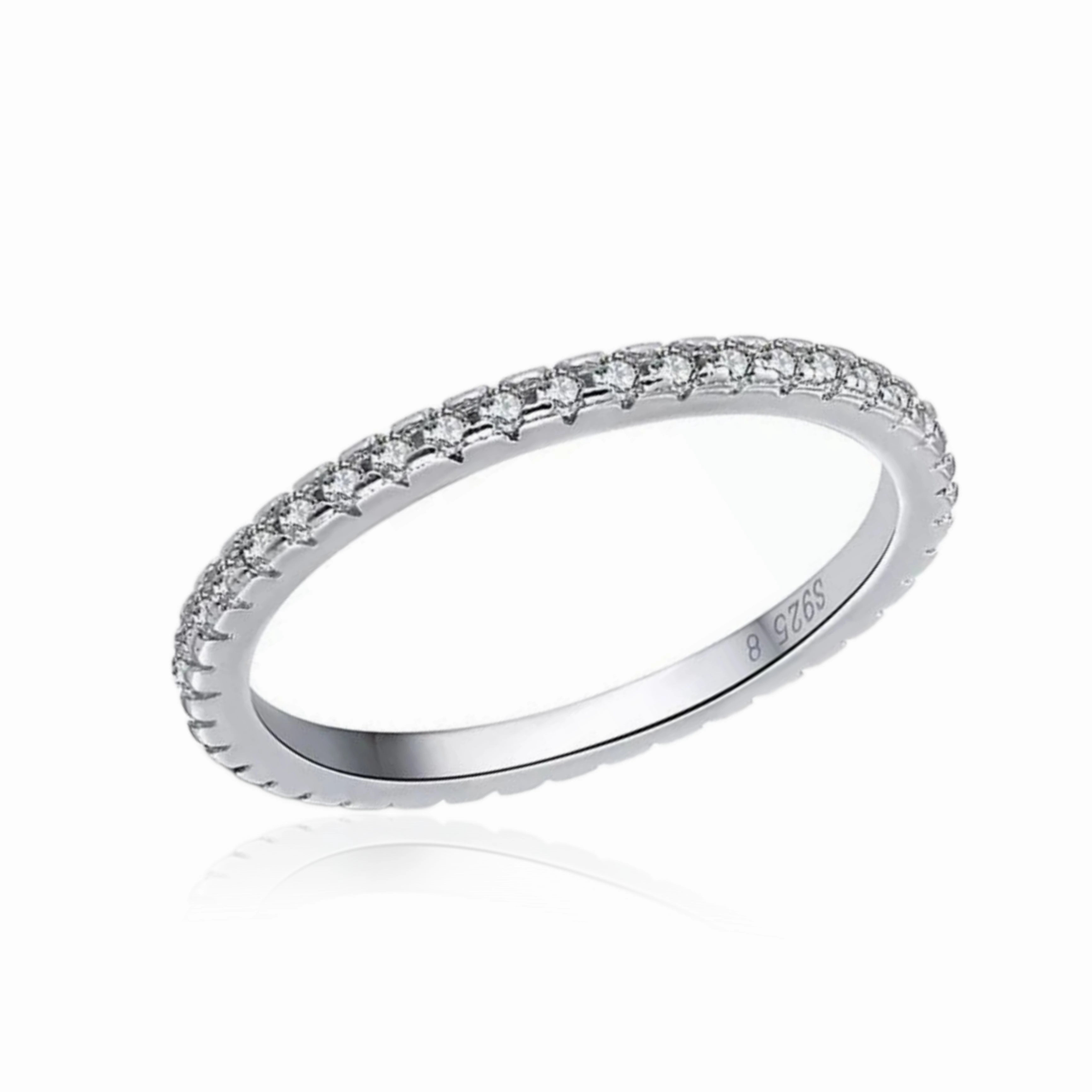 Rhodium Plated Sterling Silver Thin CZ Eternity Band Ring Impeccable Highlight