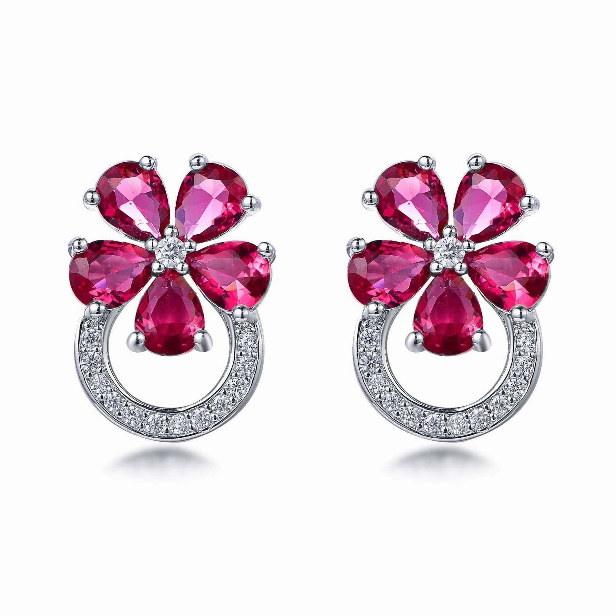 Vibrant Charm Evening Glam Rhodium Plated Sterling Silver Colorful Flower and Micropave Loop Stud Earrings