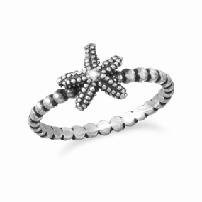 Starfish Ring Beaded Band Antique Finish with Cubic Zirconia Center Lifestyle Match Fashion Mood