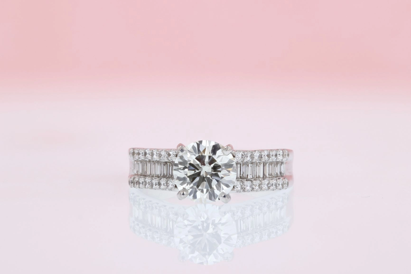 Round And Baguette Diamond Engagement Ring 14K White Gold Neutral Accessory