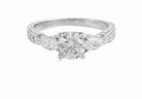 Couple Accessory Son Gift ROUND DIAMOND RING WITH PEAR SHAPE SIDE STONES AND DIAMONDS DOWN THE SHANK