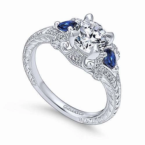 Printed Image Round Diamond Ring With Sapphire Accents 14K White Gold 496A