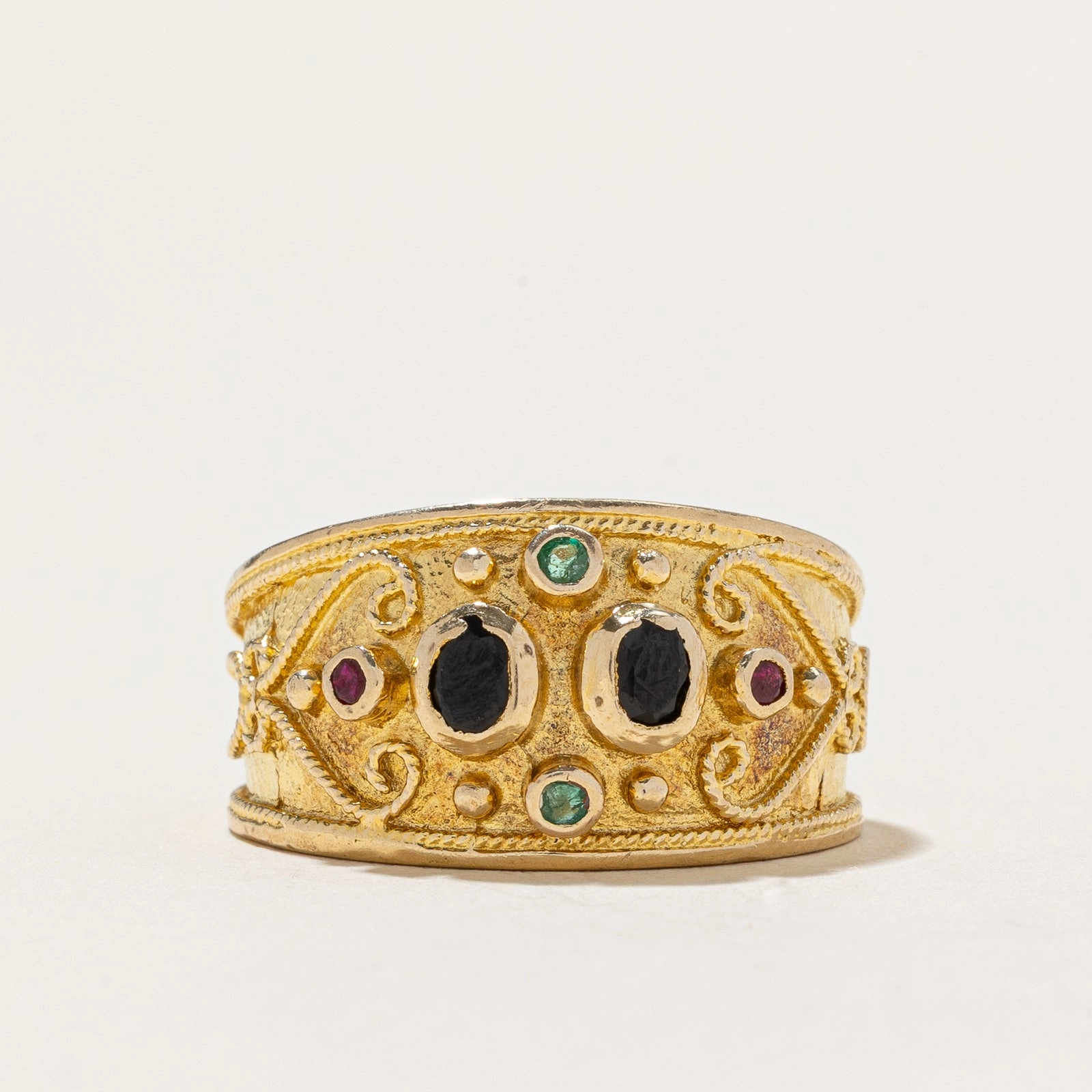 Romantic Style Subtle Detail Sapphire, Ruby & Emerald Ornate Ring | 0.38ctw | SZ 8.5