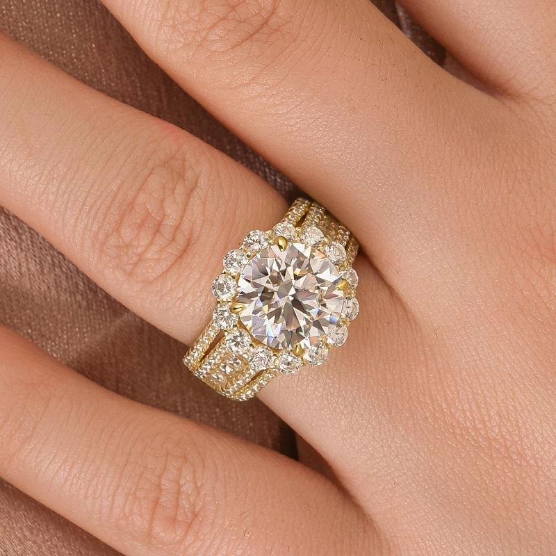 Minimal Accent Moissanite Halo Split Shank 4.0Ct Round Cut Yellow Gold Engagement Ring