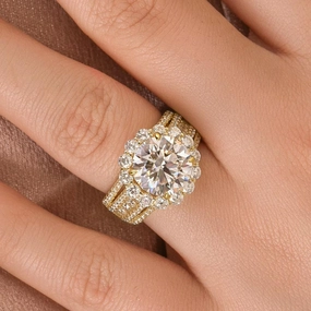 Signature Edge Bridal Accessory Moissanite Halo Split Shank 4.0Ct Round Cut Yellow Gold Engagement Ring