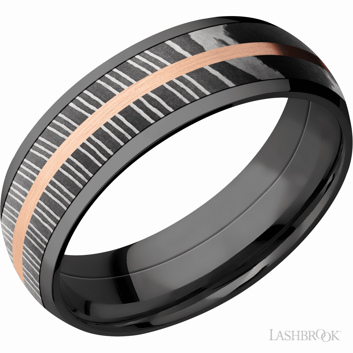 Black Zirconium Damascus Steel Band 14K Rose Gold 5mm Graceful Motion