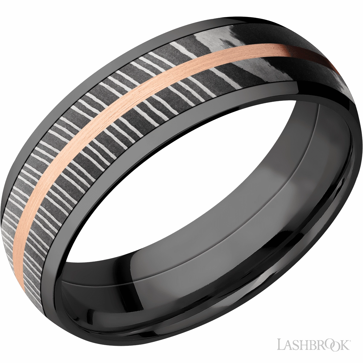 Black Zirconium Damascus Steel Band 14K Rose Gold 5mm Exclusive Embellishment Practical Look